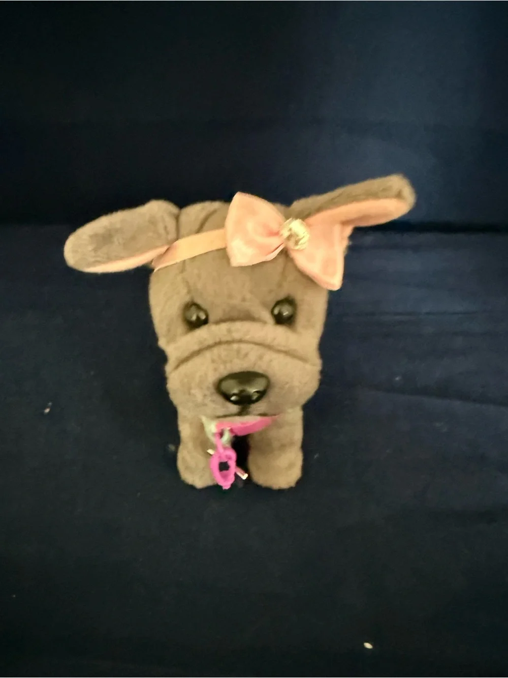 American Girl Gray Plush Dog Toy with Pink Bow and Pink Charm